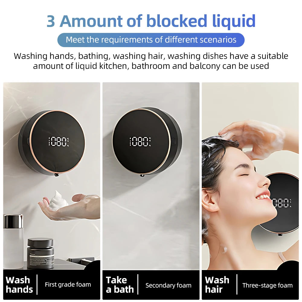 Automatic Foaming Hand Soap Dispenser Touchless Wall Mount No Drilling 300ml 3 Levels Adjustable for Bathroom Kitchen Laundry
