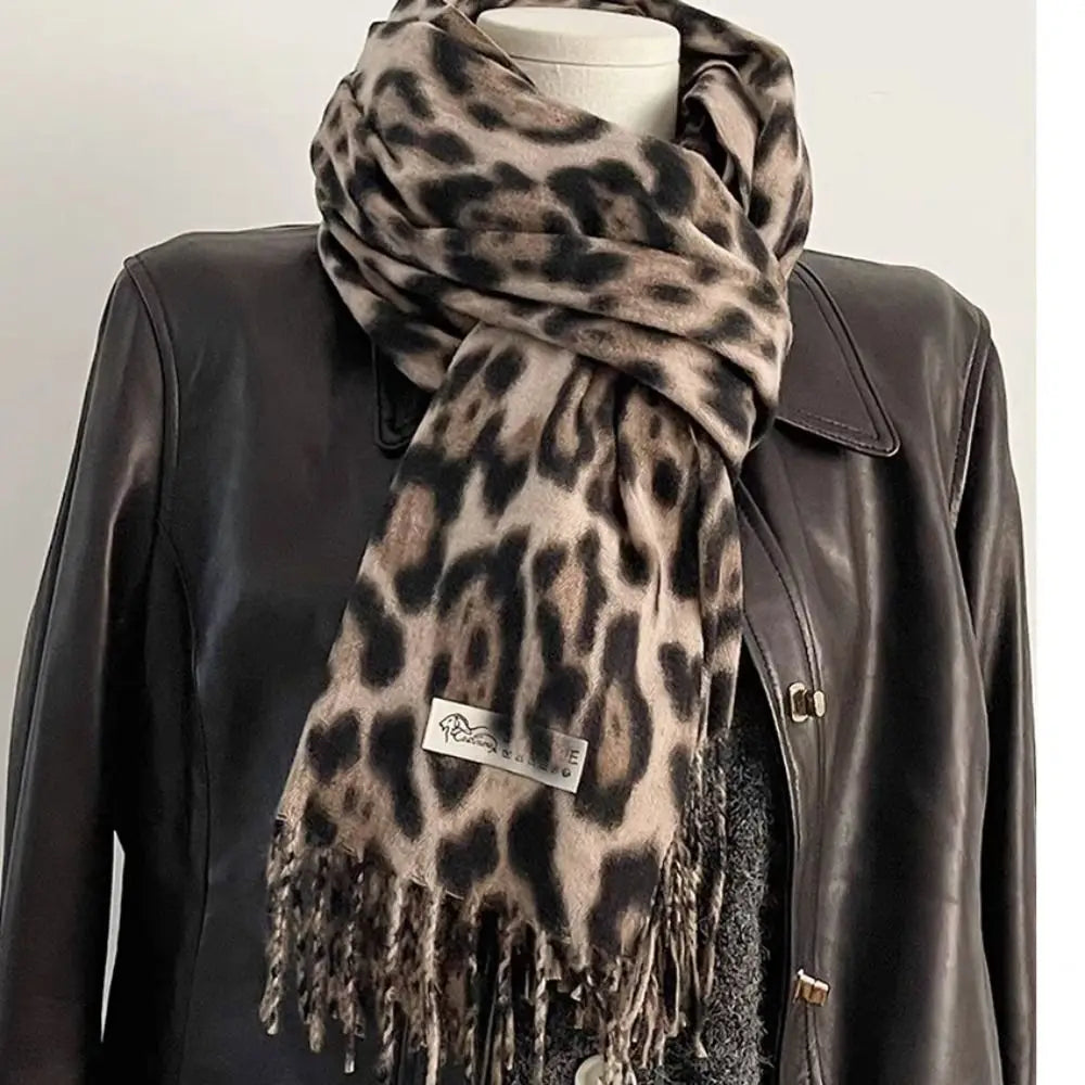 Vintage Leopard Tassels Shawl Imitation Cashmere Thickened Winter Warm Scarf Windproof Foulard Pashmina Hijabs for Women Man