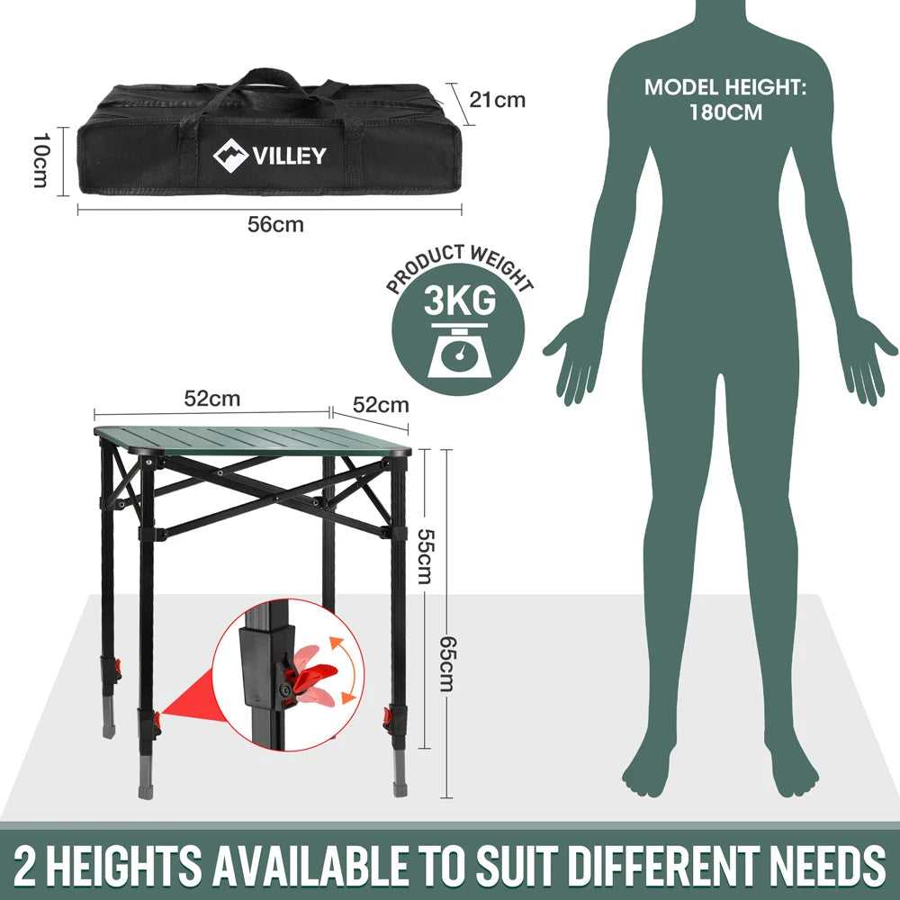 VILLEY 70X70CM Aluminum Folding Square Table with Carry Bag Height Adjusted Outdoor Furniture for RV Garden Camping Picnic