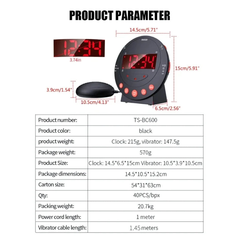 Loud Vibrating Alarm Clock with Bed Shaker for Heavy Sleepers Bedroom Electronic Alarm Clock Large LED Display