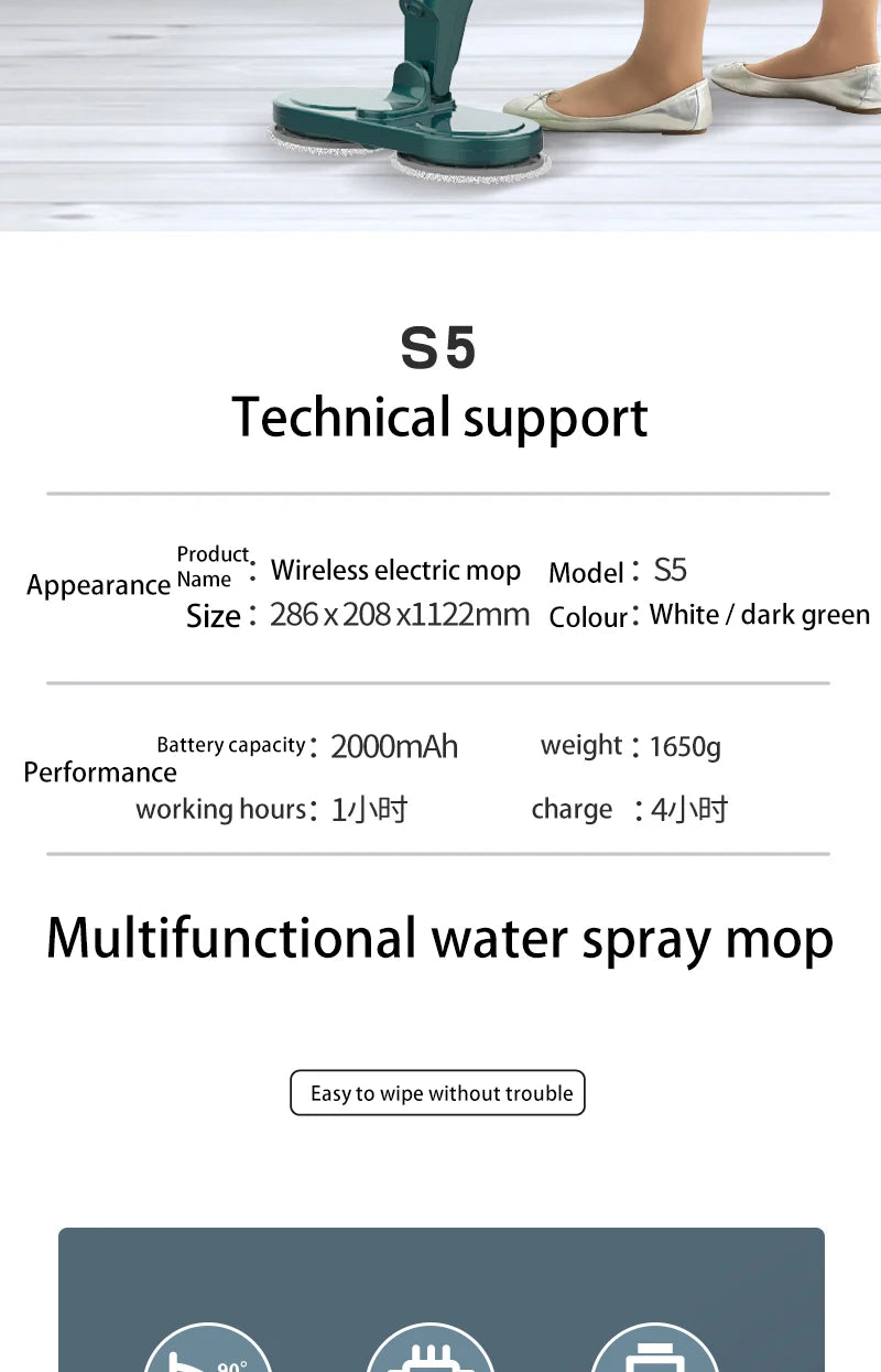Electric Mop Dual-Motor Low Noise Electric Spin Mop with Water Tank USB Charging Cordless Handheld Mops Floor Cleaning Tool