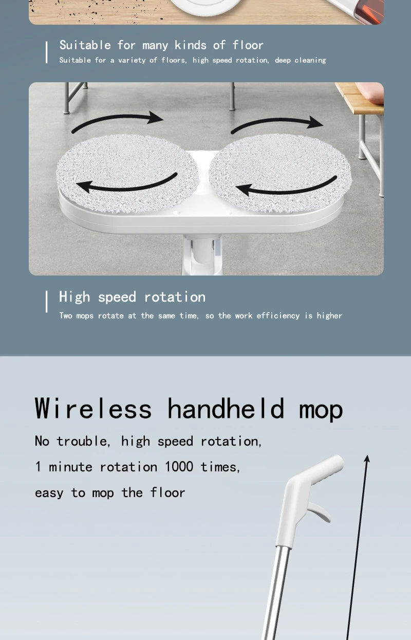 Electric Mop Dual-Motor Low Noise Electric Spin Mop with Water Tank USB Charging Cordless Handheld Mops Floor Cleaning Tool