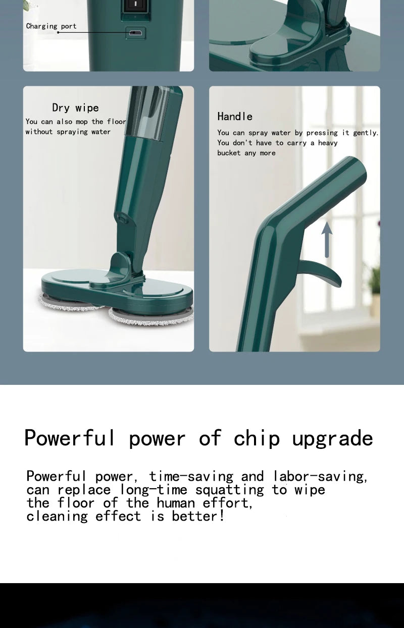 Electric Mop Dual-Motor Low Noise Electric Spin Mop with Water Tank USB Charging Cordless Handheld Mops Floor Cleaning Tool