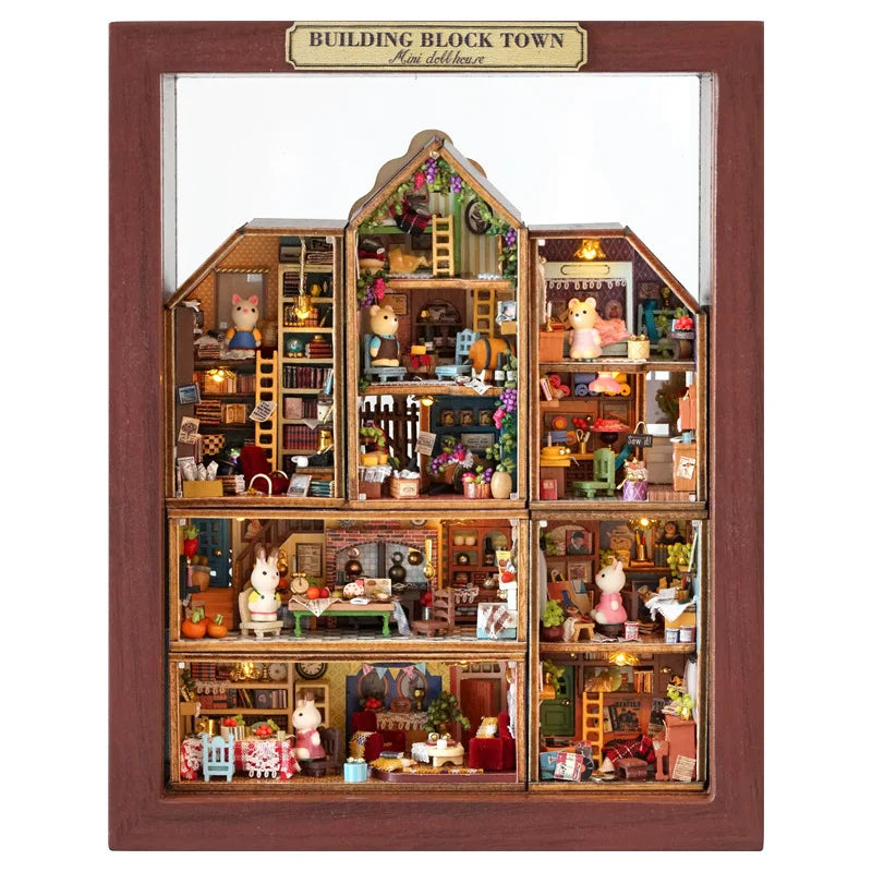 Dollhouse Diy Wooden Miniature Furniture With LED Case 6 complete sets of mini exquisite toy models for building block towns