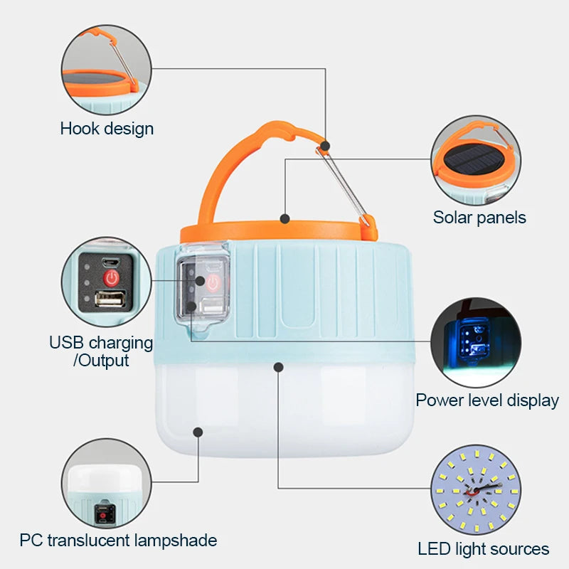 Solar LED Camping Light Waterproof Outdoor Emergency Tent Lights Portable USB Rechargeable Tent Lamp Market Energy Saving Bulb