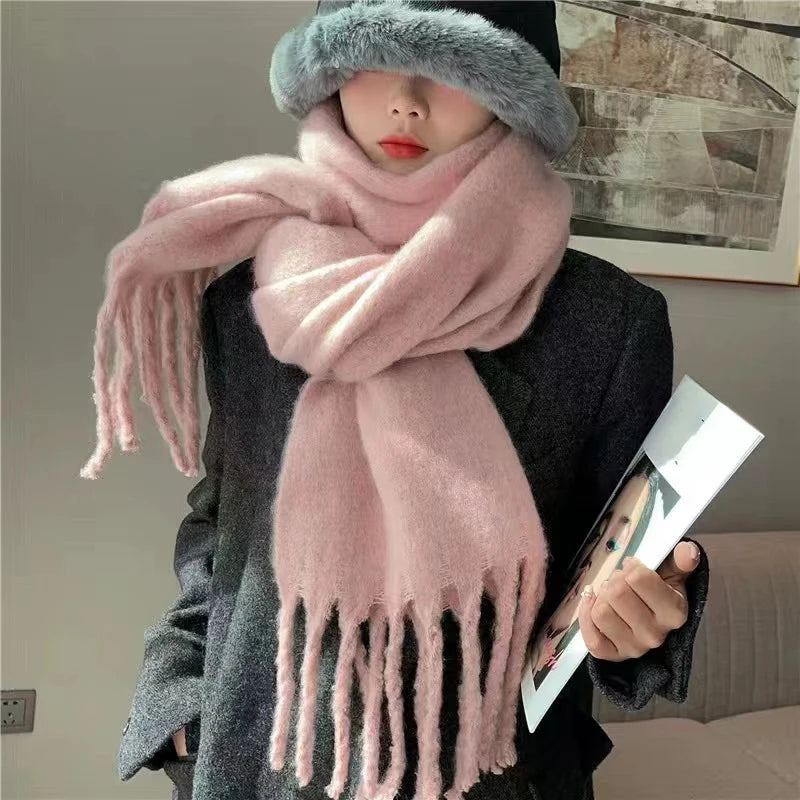Luxury Cashmere Bright Solid Colors Women Scarf Winter Shawl and Wrap Bandana Pashmina Tassel Female Foulard Thick Blanket