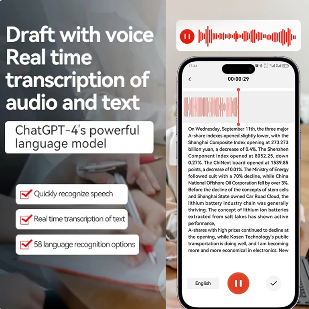 Intelligent AI ChatGPT-4 App Phone Call Voice Recorder Free Realtime Translator Summarize 58 Language Device Audio Dictaphone