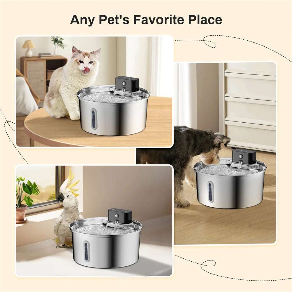 3.2L/108oz Wireless Charging Sensor Cat Water Feeder Stainless Steel Cat Dog Water Fountain Silent Water Level Window No Plug