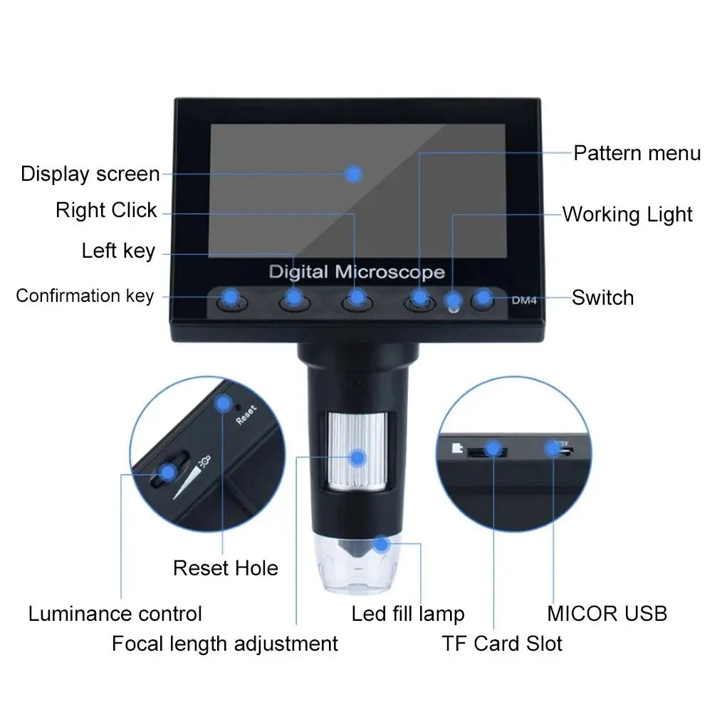 DM4 4.3'' Digital Stereo Microscope 1000X USB Amplifier Electronic Soldering 8 LEDs High Resolution Handheld Portable