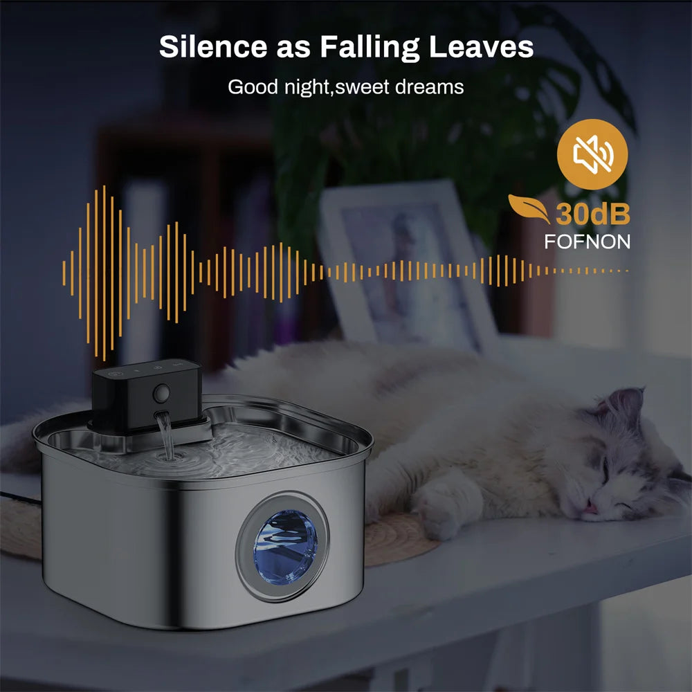 3.2L/108oz Wireless Charging Sensor Cat Water Feeder Stainless Steel Cat Dog Water Fountain Silent Water Level Window No Plug