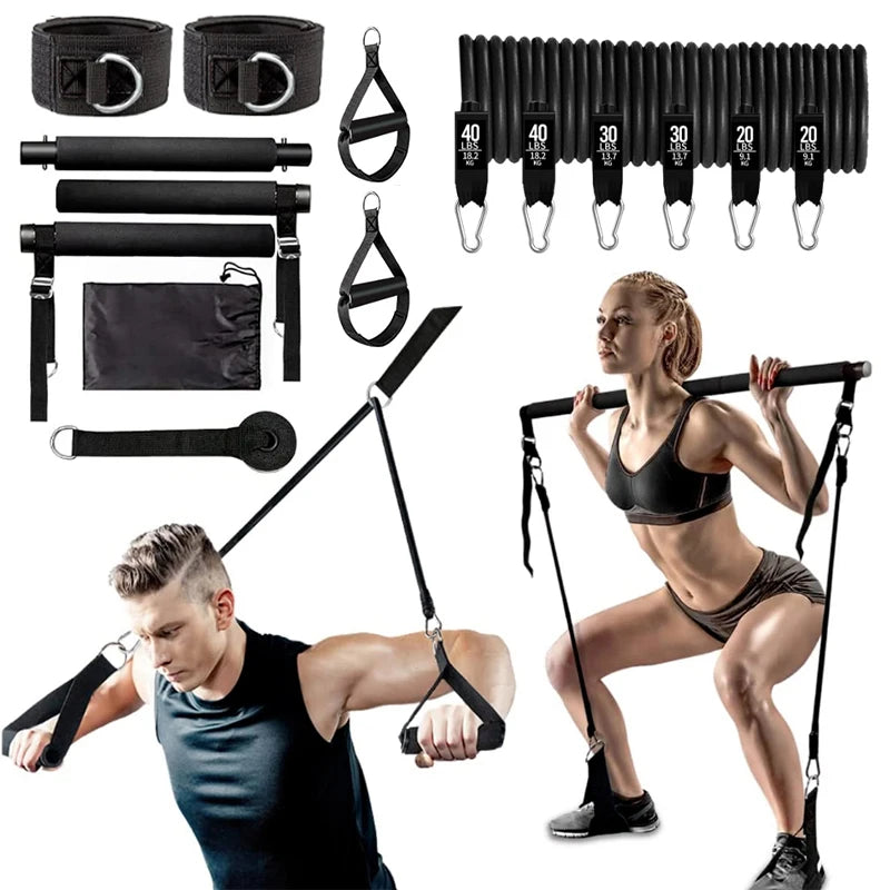 3-Section Fitness Stick Pilates Bar Kit Resistance Bands Set 250LBS 180LBS Elastic Bands for Fitness Band Exercise Workout Bar
