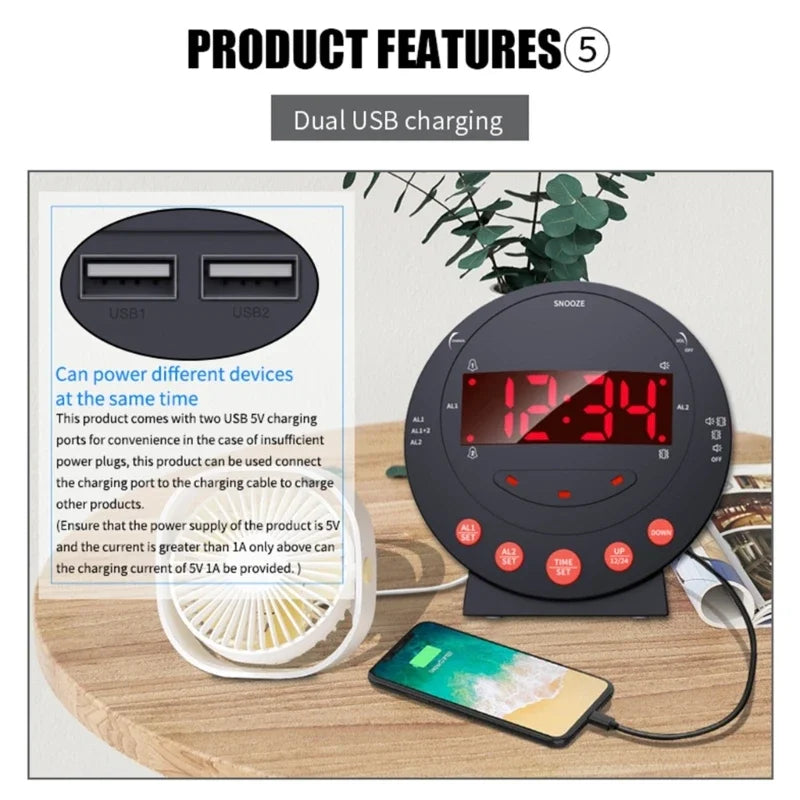 Loud Vibrating Alarm Clock with Bed Shaker for Heavy Sleepers Bedroom Electronic Alarm Clock Large LED Display