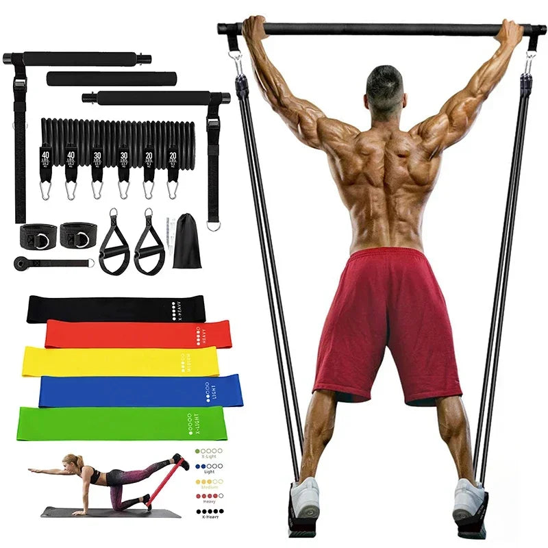 3-Section Fitness Stick Pilates Bar Kit Resistance Bands Set 250LBS 180LBS Elastic Bands for Fitness Band Exercise Workout Bar