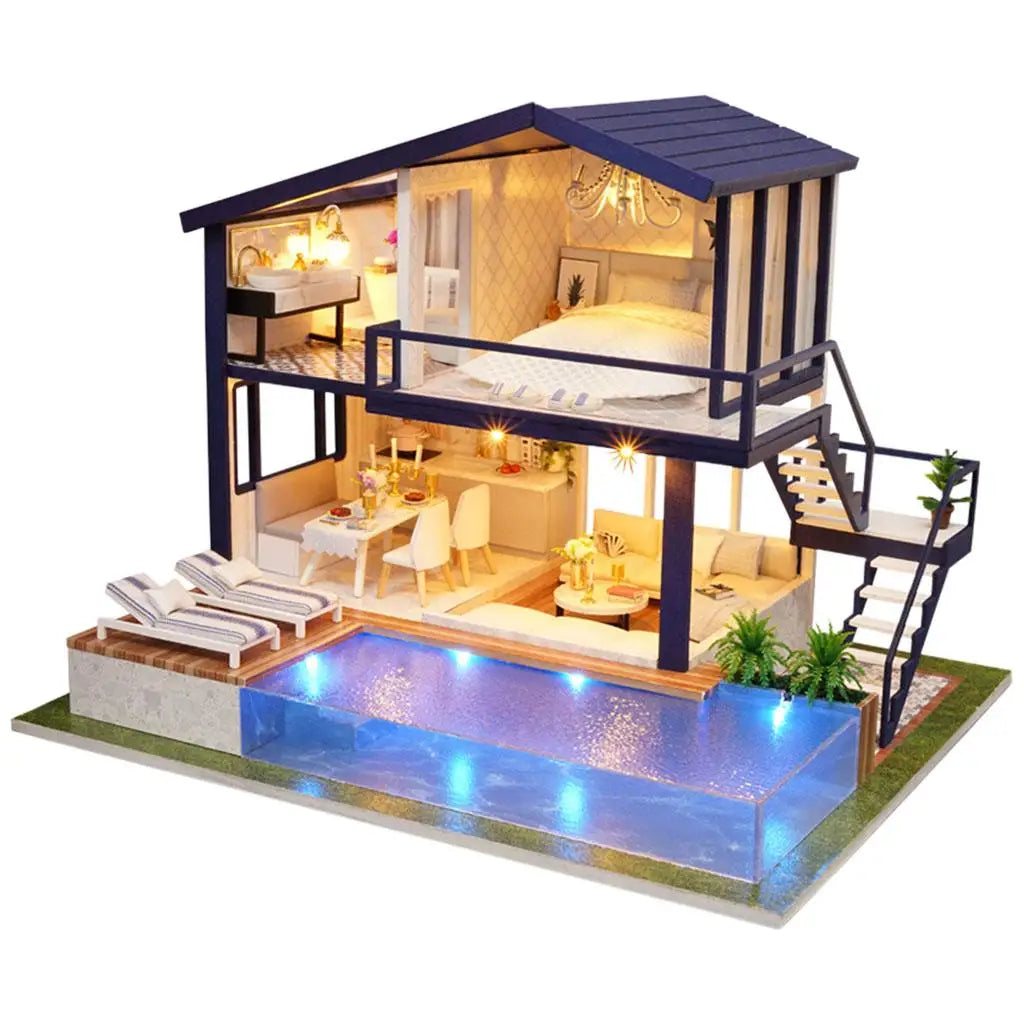 Miniature Doll Wood Crafts Swimming Pool House Creative Room Toys for Gift