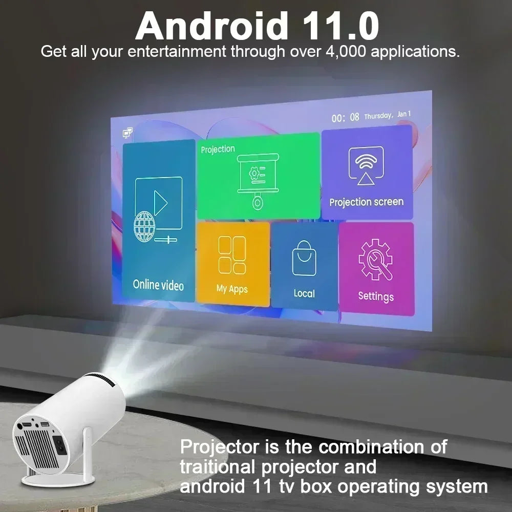 New 2024 4K Android 11 Dual Wifi6 200 ANSI Allwinner H713 BT5.0 1080P 1280*720P Home Cinema Outdoor Portable Projetor