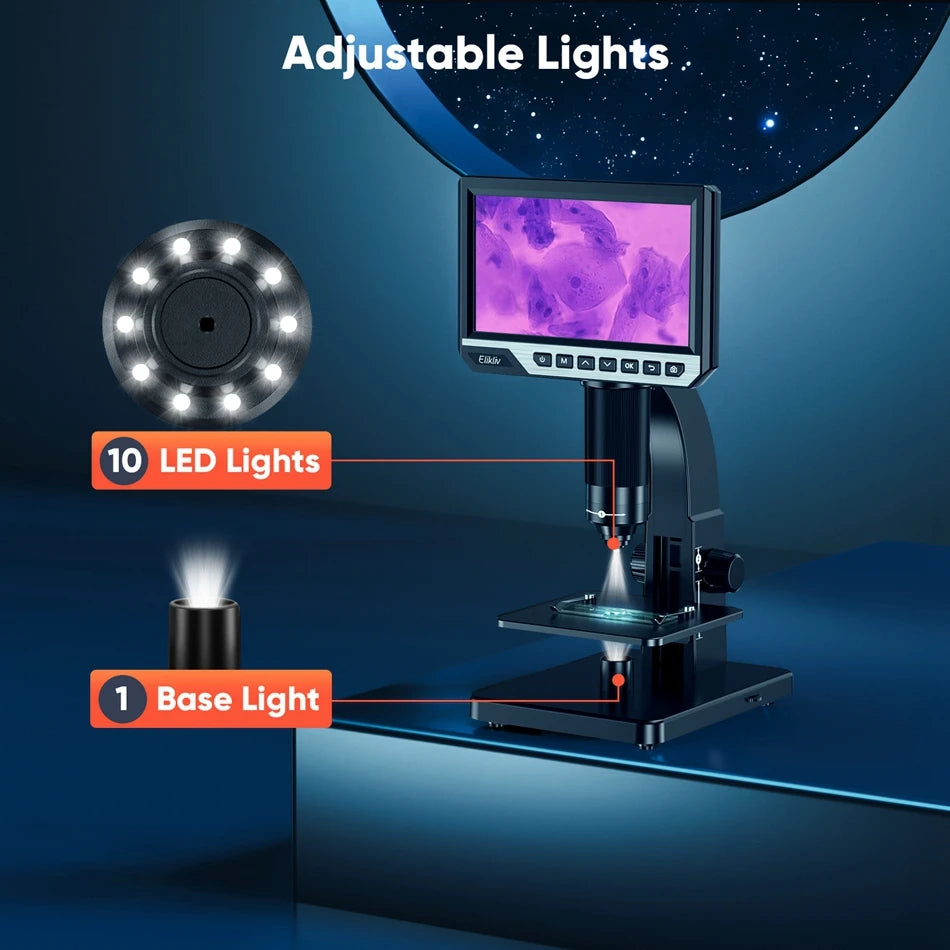 Elikliv EDM11S Digital Microscope 2000X 7" IPS 12MP 1080P Lab Biological Microscope Camera Dual Lens With Remote Control