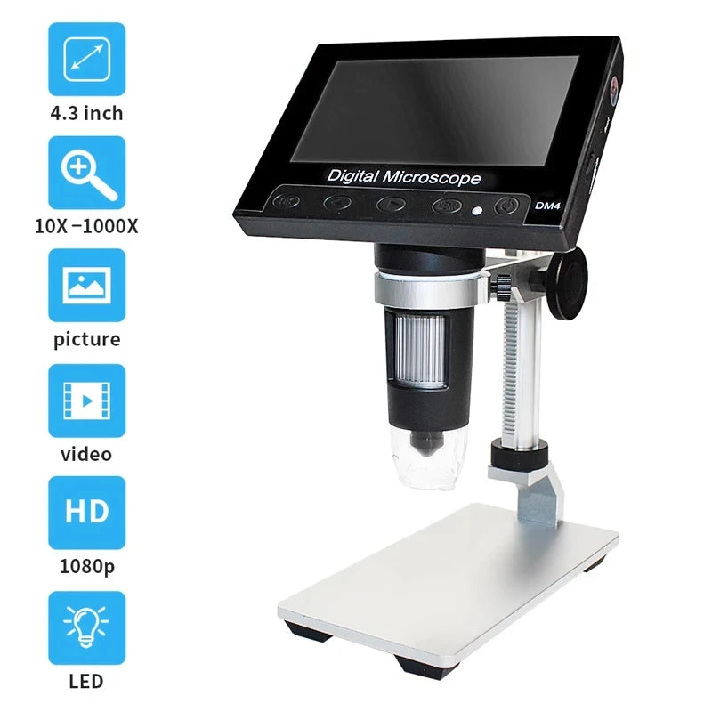 DM4 4.3'' Digital Stereo Microscope 1000X USB Amplifier Electronic Soldering 8 LEDs High Resolution Handheld Portable
