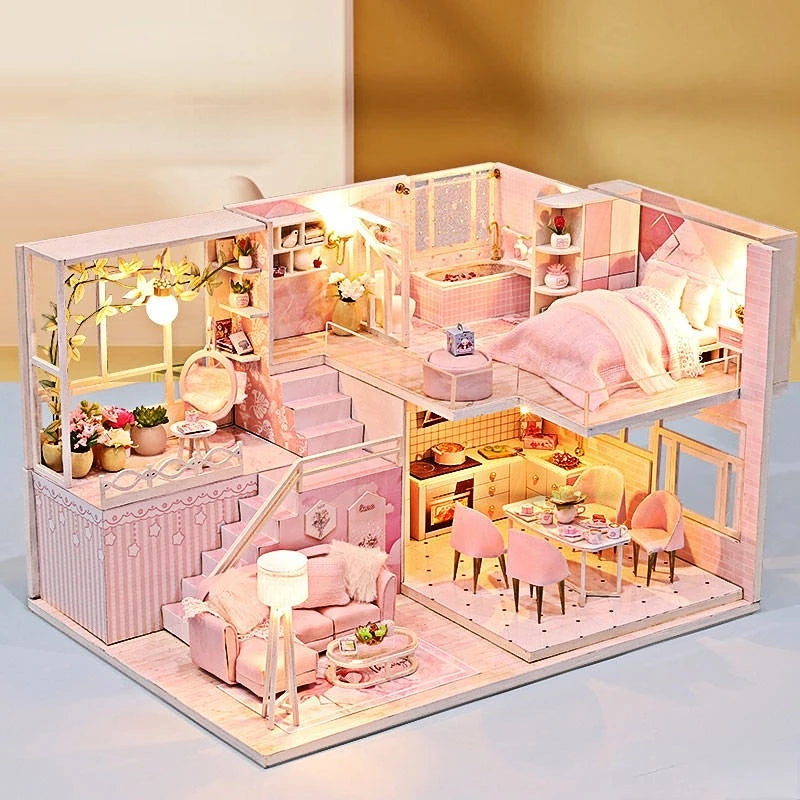 Doll House Miniature Furniture Diy Wood Dollhouse Miniatures Children Toys Girl Birthday Gifts Diorama Christmas Toy Gift