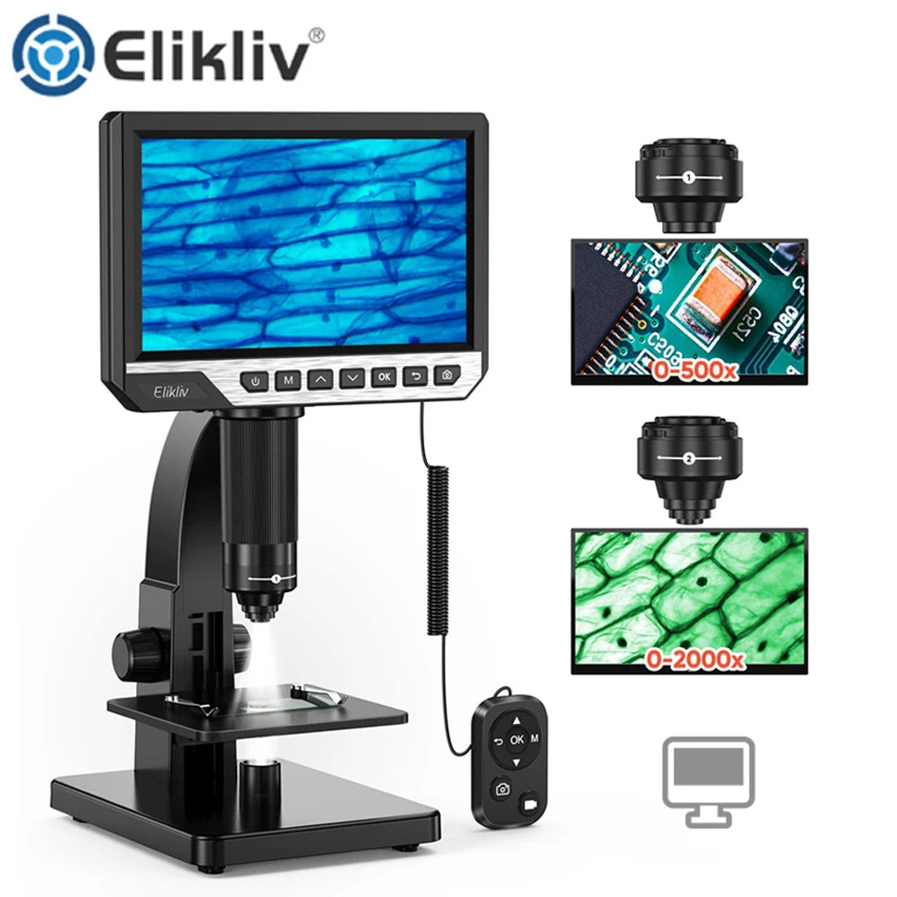 Elikliv EDM11S Digital Microscope 2000X 7" IPS 12MP 1080P Lab Biological Microscope Camera Dual Lens With Remote Control