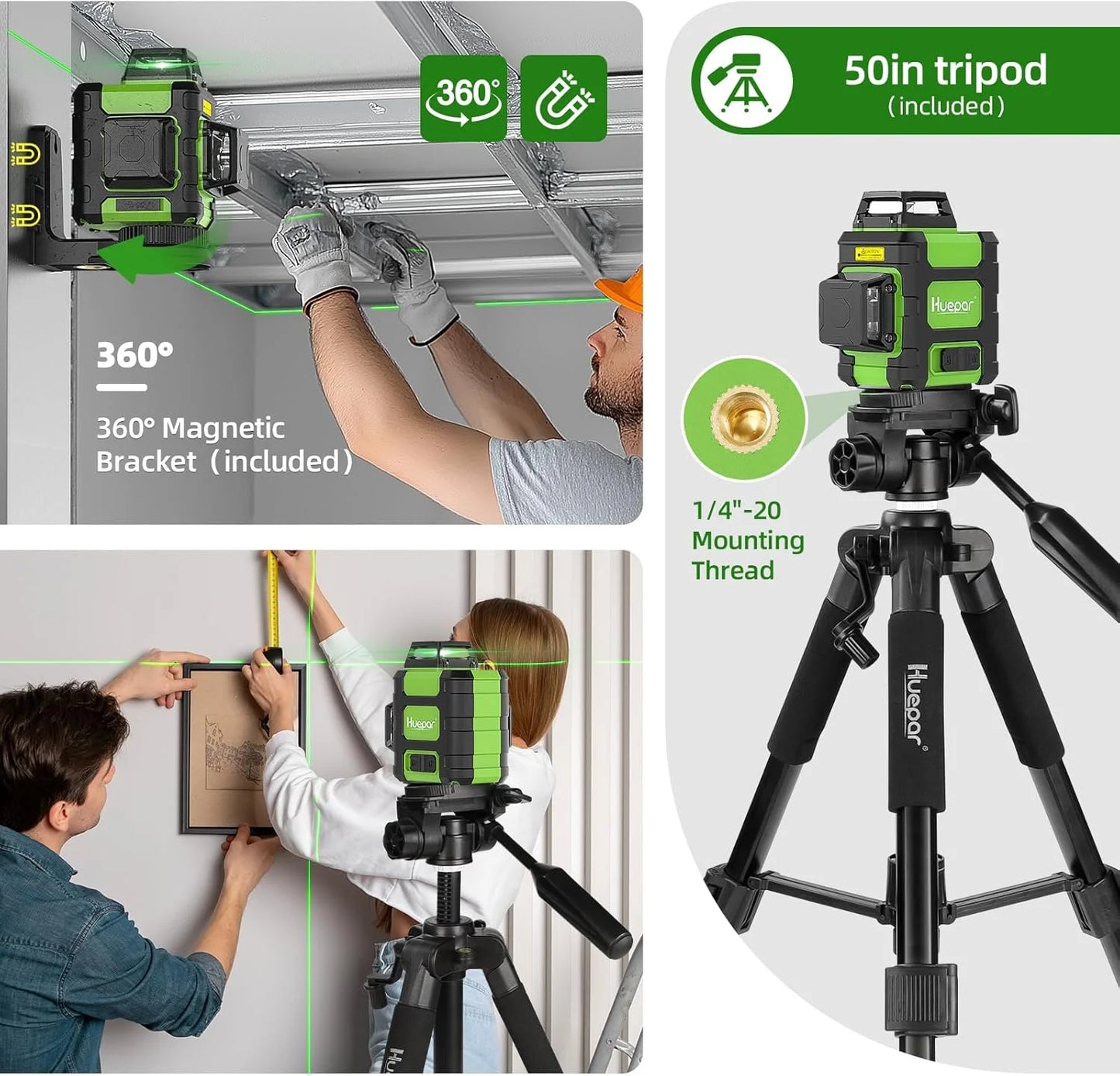 Huepar Laser Level with 1.27M Tripod 3D 12 Lines Self Leveling Laser 360° Cross Lines and Glasses Li-ion Battery for Outdoor