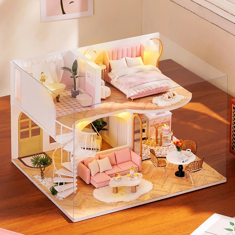 3D Wooden Mini Doll House Assembly Building With Furniture Kit DIY Handmade Duplex Apartment Production Toys Kids Birthday Gifts