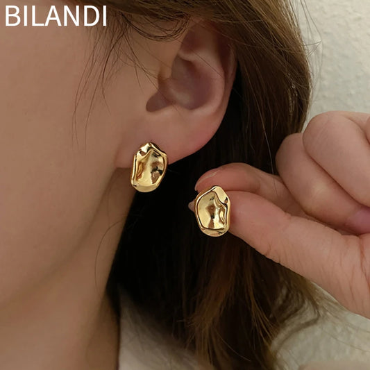 Bilandi Trendy Jewelry 925 Silver Needle Gold Color Earrings Simply Design Metal Alloy Goemetric Stud Earrings For Women Girl