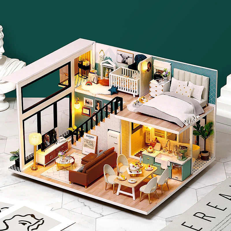 3D Wooden Mini Doll House Assembly Building With Furniture Kit DIY Handmade Duplex Apartment Production Toys Kids Birthday Gifts