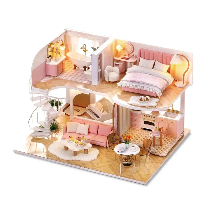 Assemble DIY Wooden House Dollhouse kit Wooden Miniature Doll Houses Miniature Dollhouse toys With Furniture LED Lights Gift