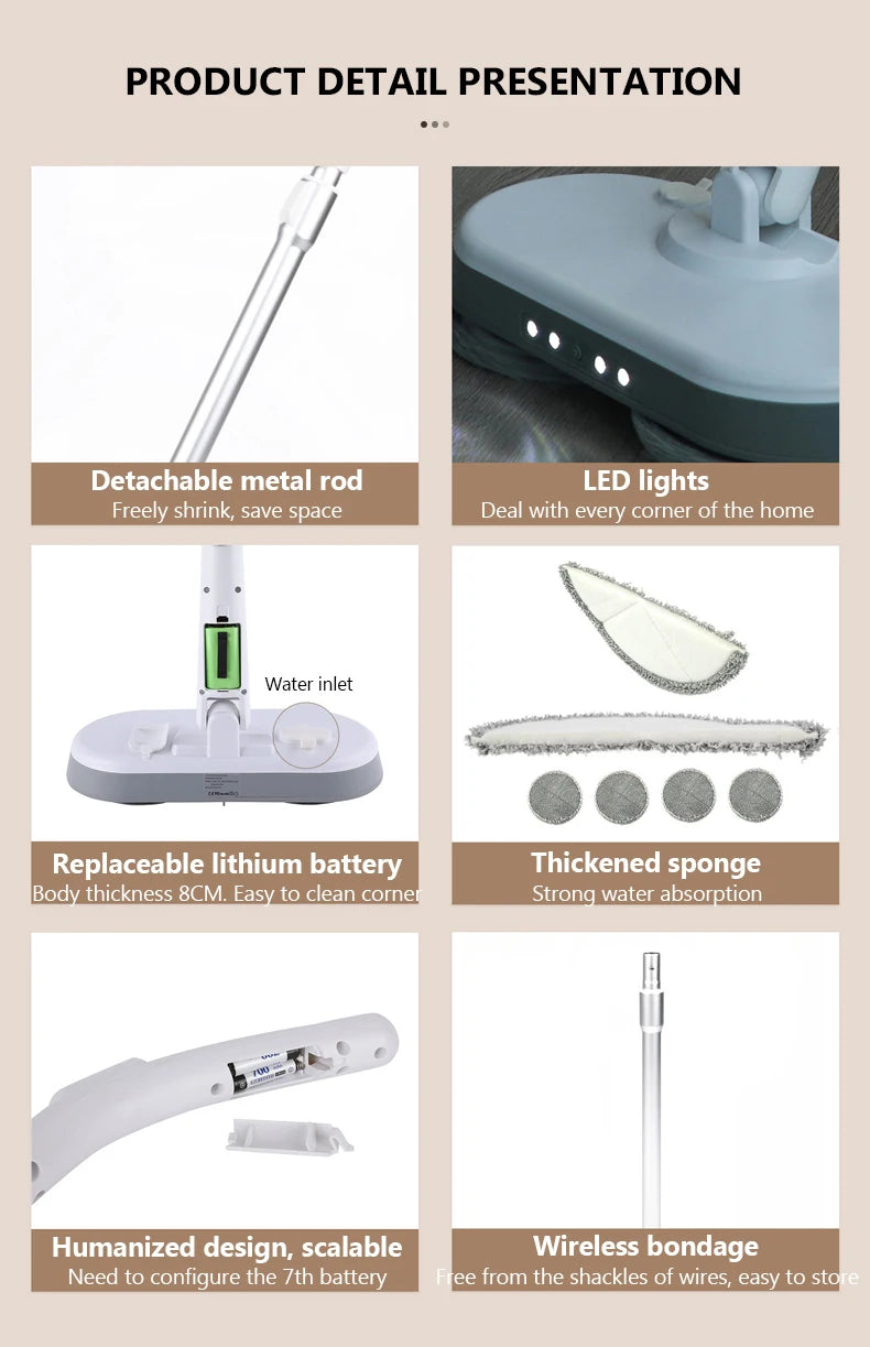 Rechargeable Cordless Electric Mop with LED light Dual-wheel High-speed Rotary Sweeper Automatic Water Spray Window Glass washer