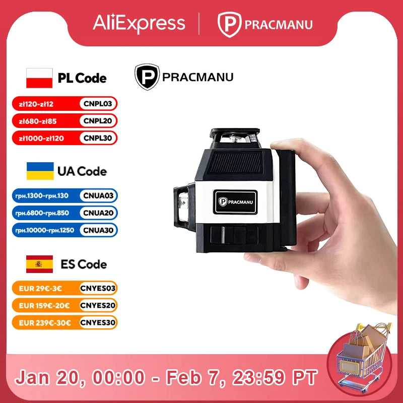 Pracmanu Mini Laser Level 12 Lines 3D level Self-Leveling 360° Horizontal and Vertical Cross Green Laser Beam Lines