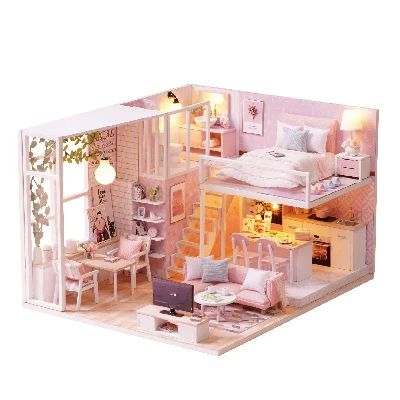 Assemble DIY Wooden House Dollhouse kit Wooden Miniature Doll Houses Miniature Dollhouse toys With Furniture LED Lights Gift