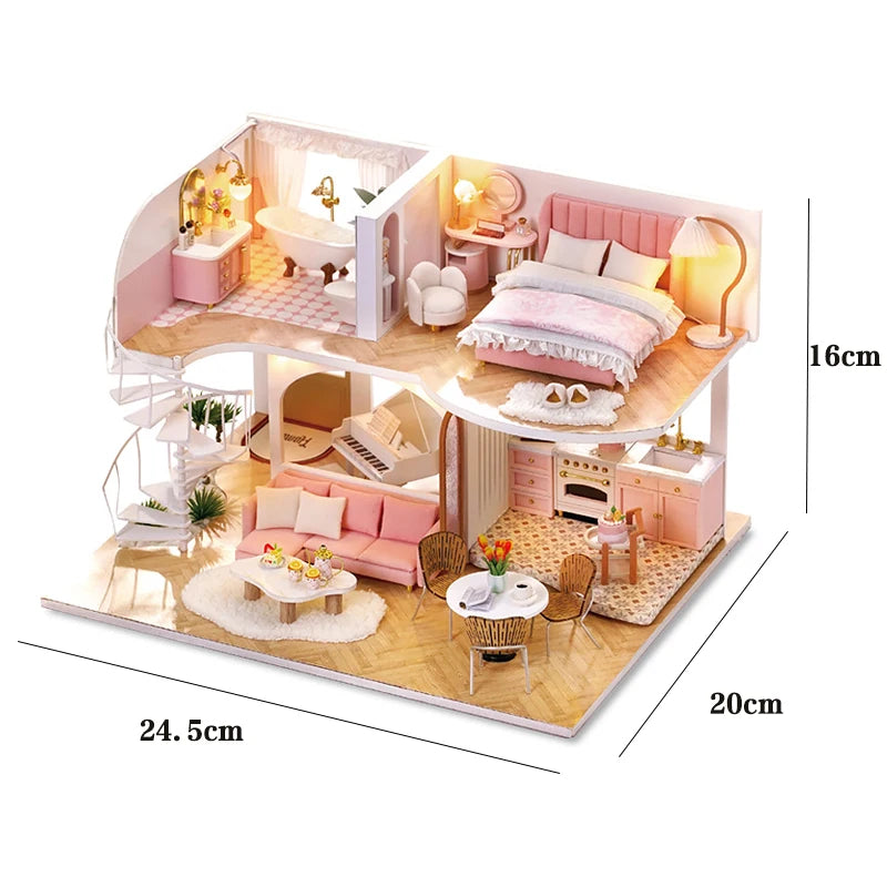 3D Wooden Mini Doll House Assembly Building With Furniture Kit DIY Handmade Duplex Apartment Production Toys Kids Birthday Gifts