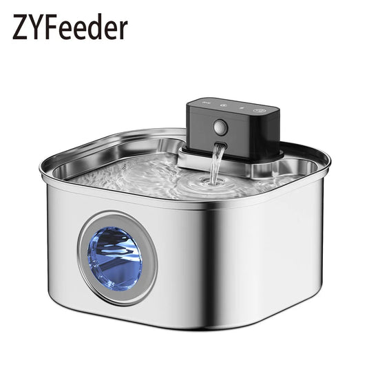 3.2L/108oz Wireless Charging Sensor Cat Water Feeder Stainless Steel Cat Dog Water Fountain Silent Water Level Window No Plug