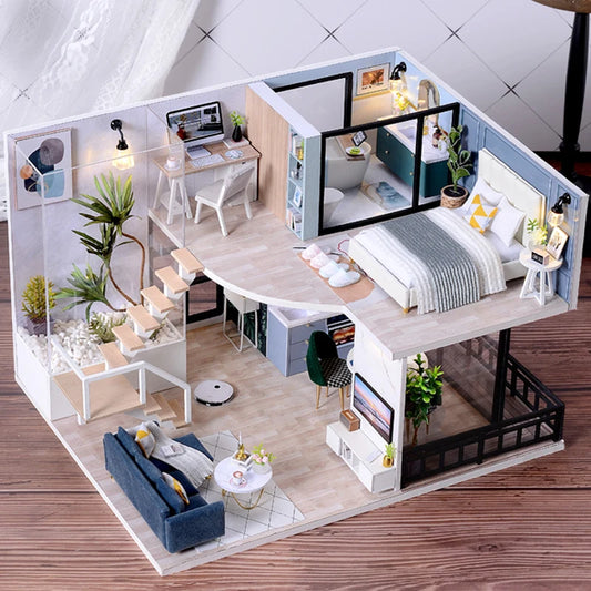 Doll House Kit 3D Wooden Mini Doll House Assembly Building with Furniture Kit Toys Children's Birthday Gift DIY Handmade 3D Jigs