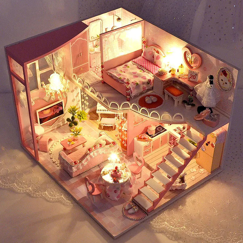 Assemble DIY Wooden House Dollhouse kit Wooden Miniature Doll Houses Miniature Dollhouse toys With Furniture LED Lights Gift