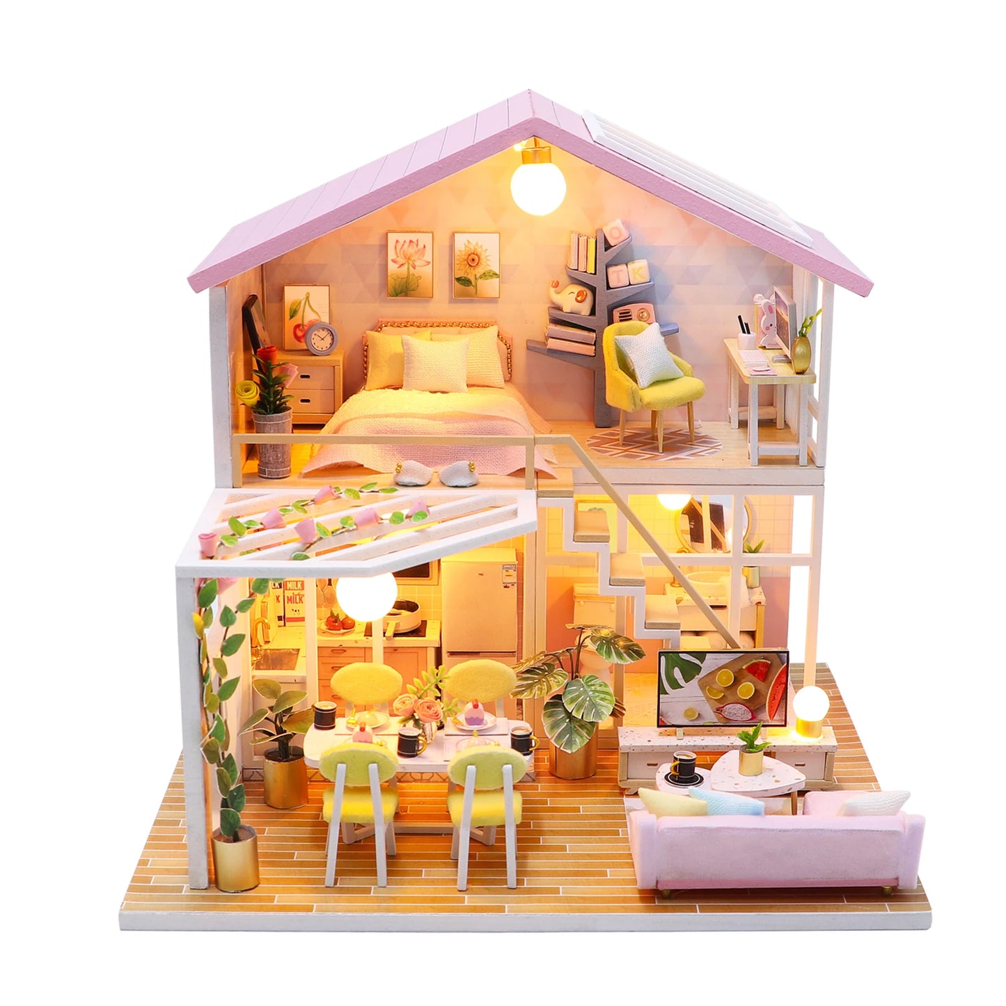 Dollhouse Miniature DIY Wooden Dollhouse Kit with Furniture with LED Light Music Sweet Time