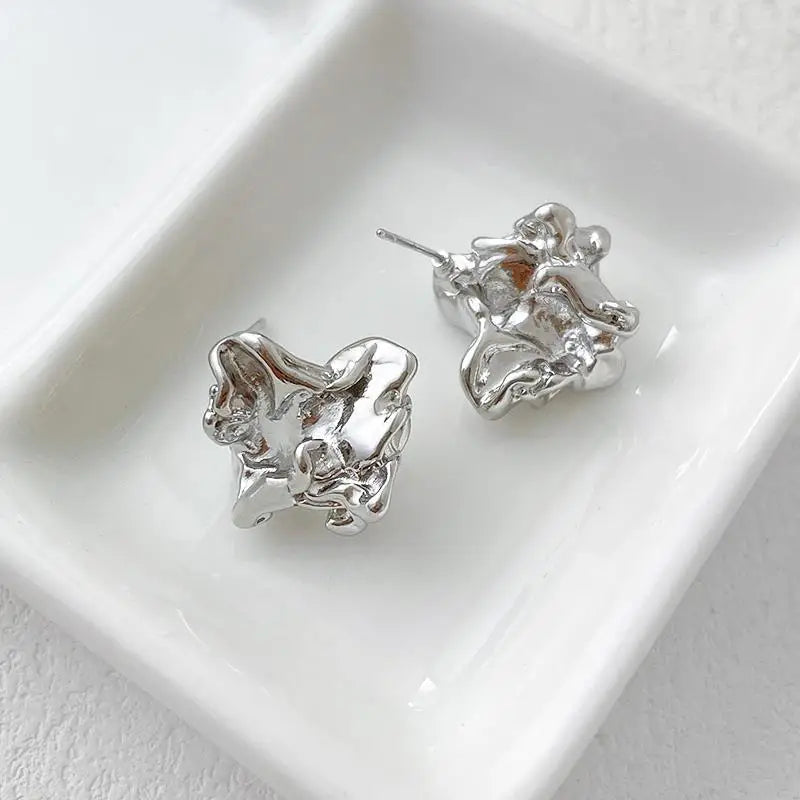 Irregular Pleated Lava Earrings For Women Trendy Metallic Texture Geometric Small Stud Earrings Temperament Party Jewelry Gifts