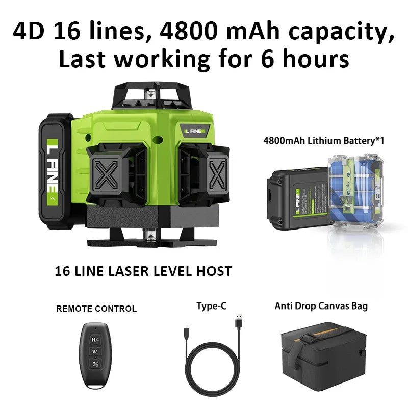 Lfine Nivel Laser 4D 16 Lines 360°Self-leveling Laser Levels withTripod and Suitcase Green Lines Professional Laser Level Tool