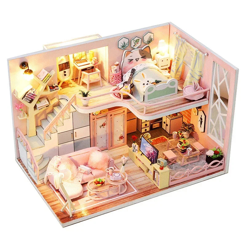 Assemble DIY Wooden House Dollhouse kit Wooden Miniature Doll Houses Miniature Dollhouse toys With Furniture LED Lights Gift
