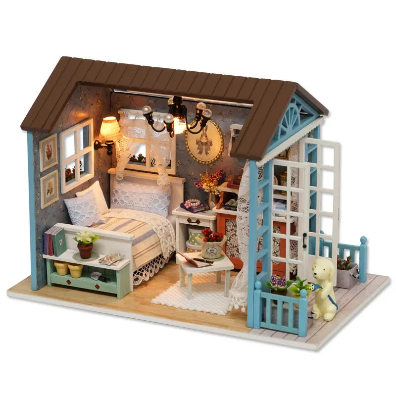 Assemble DIY Wooden House Dollhouse kit Wooden Miniature Doll Houses Miniature Dollhouse toys With Furniture LED Lights Gift