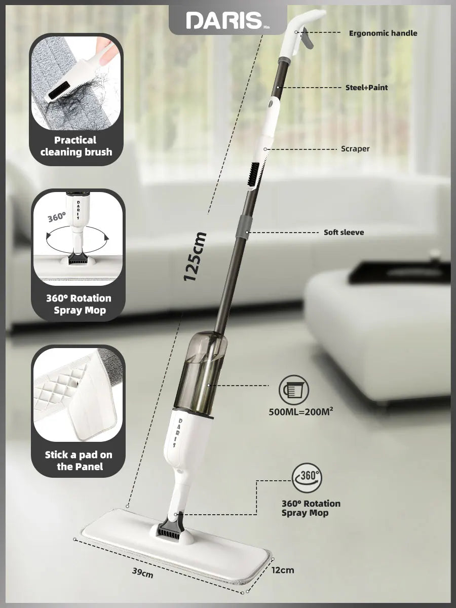 DARIS Spray Flat Mop With Reusable Microfibers Pads 360° Rotation Floor Cleaning Mop 500ML Big Capacity Square Triangle Bottle