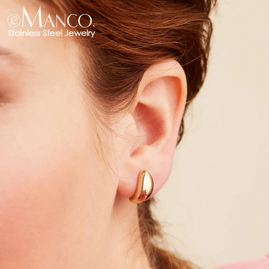 eManco Steel color Gold color Simple Women Chunky Hoops Earrings Gift Fashion Jewelry Stainless Wives Round Smooth Thick Hoop