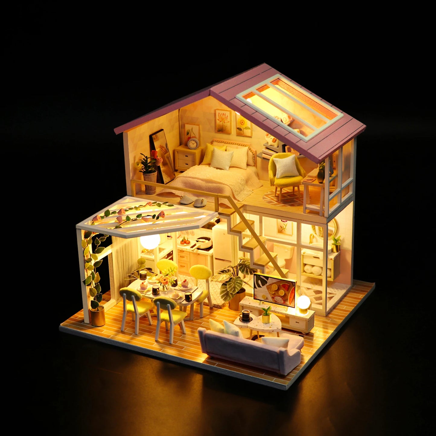 Dollhouse Miniature DIY Wooden Dollhouse Kit with Furniture with LED Light Music Sweet Time