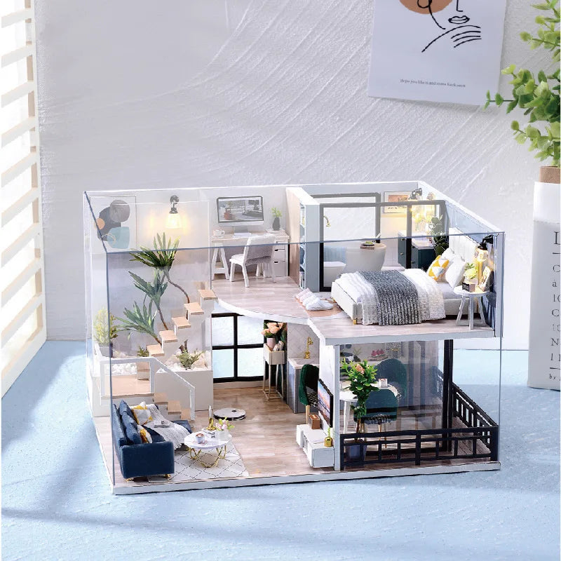 3D Wooden Mini Doll House Assembly Building With Furniture Kit DIY Handmade Duplex Apartment Production Toys Kids Birthday Gifts