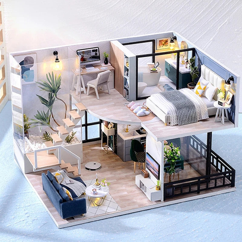 3D Wooden Mini Doll House Assembly Building With Furniture Kit DIY Handmade Duplex Apartment Production Toys Kids Birthday Gifts