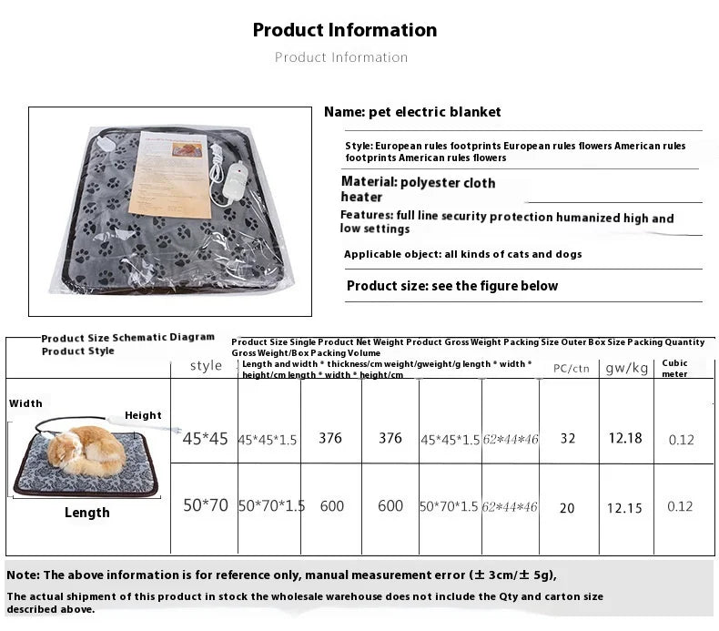 Pet Electric Blanket, Waterproof, bite-proof, Wear-Resistant, Adjustable Constant Temperature, US, Australian, European Dog Pad