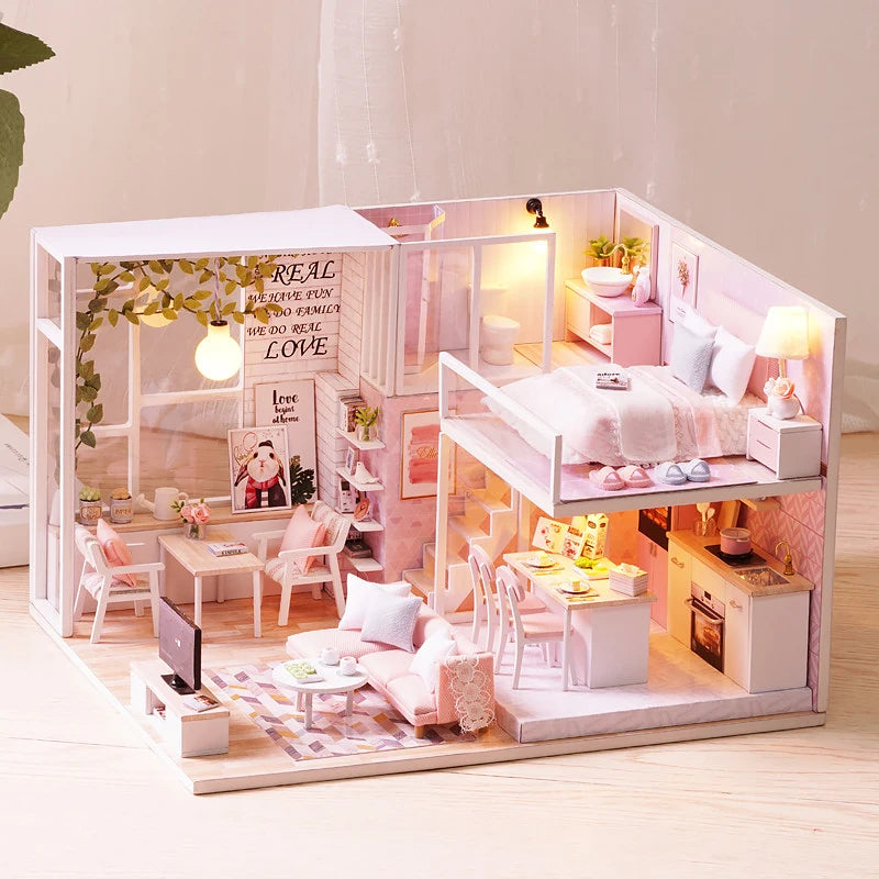 3D Wooden Mini Doll House Assembly Building With Furniture Kit DIY Handmade Duplex Apartment Production Toys Kids Birthday Gifts