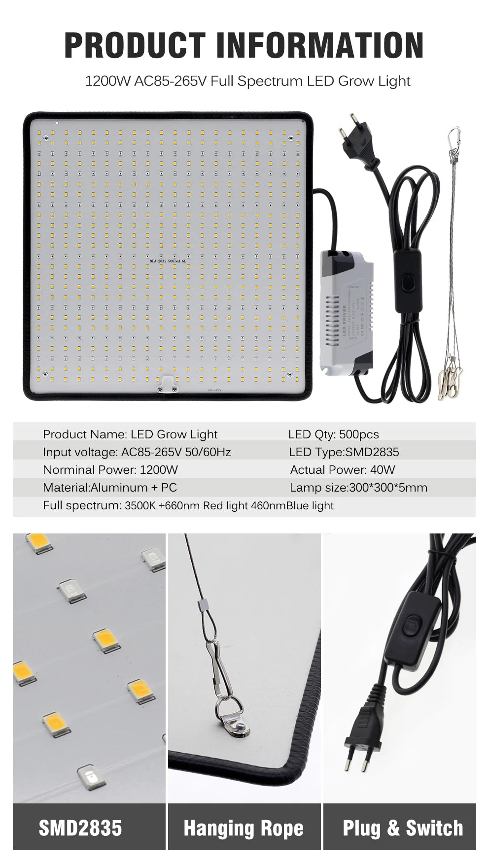 LED Grow Light Full Spectrum Phyto Lamp AC85-240V 40W  For Indoor Grow Tent Plants Growth Light