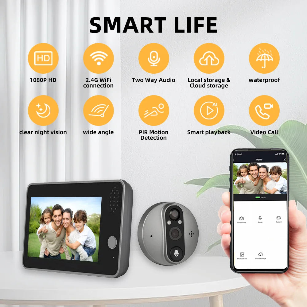 1080P Tuya Smart WiFi Door Bell Eye Peephole Camera Viewer 2-way Audio Home Security  4.3' FHD Digital Viewer Alexa Doorbell