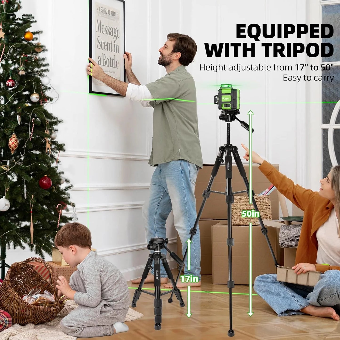 Huepar Laser Level with 1.27M Tripod 3D 12 Lines Self Leveling Laser 360° Cross Lines and Glasses Li-ion Battery for Outdoor